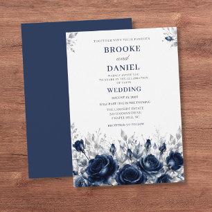 Romantische Navy-Rosen-Silber-Laub-Hochzeit Einladung