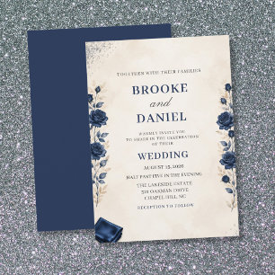 Romantische Navy-Rosen-Stoffrand-Glitzer-Hochzeit Einladung