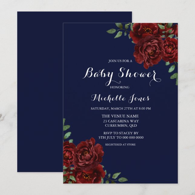 Romantische Navy & Rote Rose Floral Baby Dusche Einladung (Vorne/Hinten)