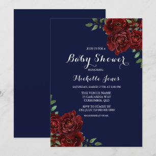 Romantische Navy & Rote Rose Floral Baby Dusche Einladung