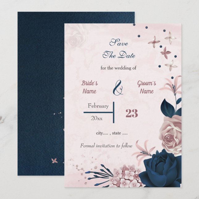 Romantische Navy und rosa Blume Save The Date (Vorne/Hinten)