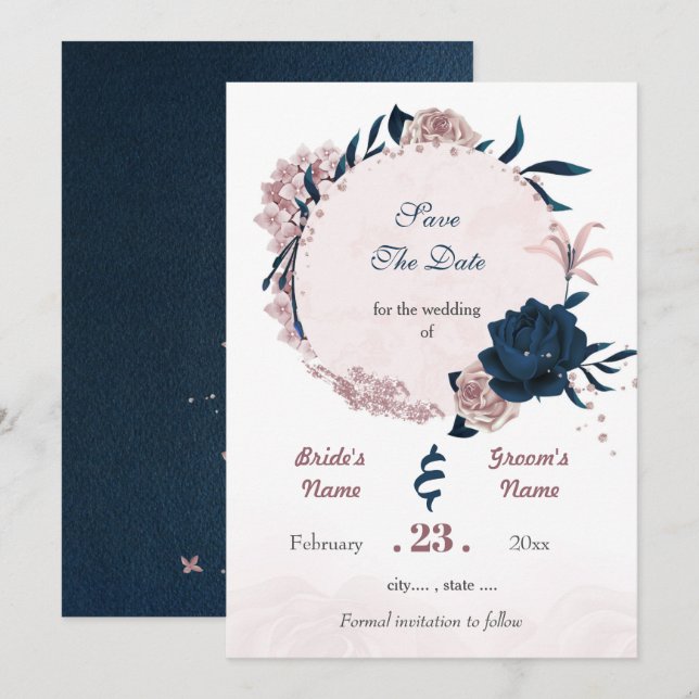 Romantische Navy und staubige Rose Blume Save The Date (Vorne/Hinten)