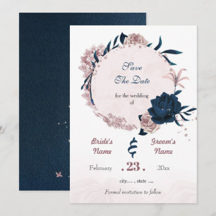 Romantische Navy und staubige Rose Blume Save The Date