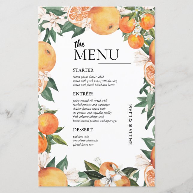 Romantische Orangen-Hochzeitsmenü (Vorderseite)