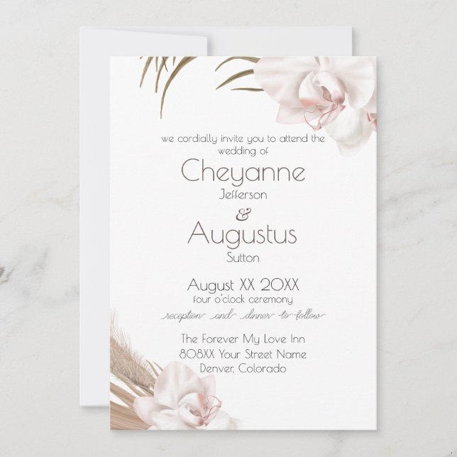 Romantische Orchideen und Pampas Grass Wedding Einladung (Vorderseite)