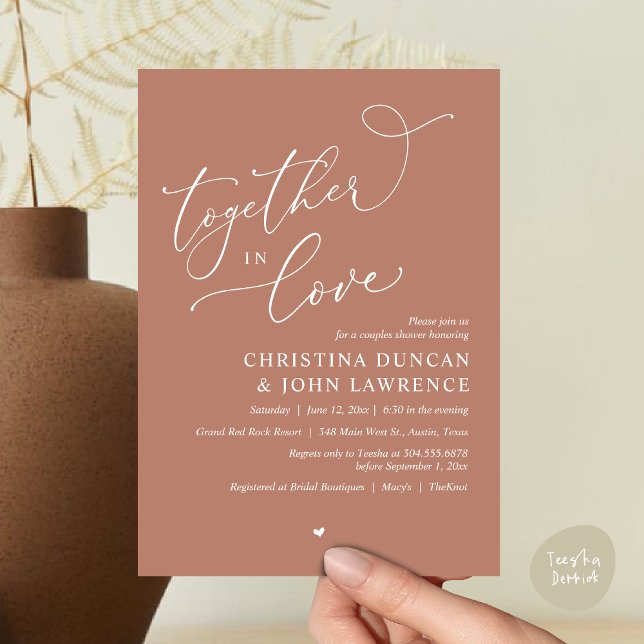Romantische Paare Dusche Party, in Liebe Einladung (Together in Love, Romantic Couples Shower Party Invitation Card PDF modern minimalist Earthy Brown)