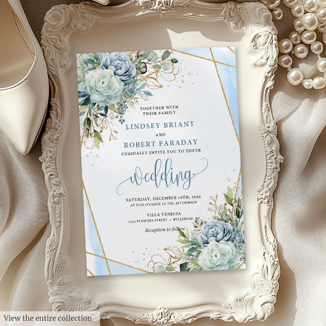 Romantische Pastel Blue Gold Blume Hochzeit Einlad Einladung (Romantic Pastel Blue Gold Flowers Wedding Invite)