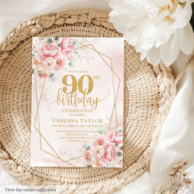 Romantische Pastel Pink Gold Peonies 90. Einladung (Romantic Pastel Pink Gold Peonies 90th Invitation)