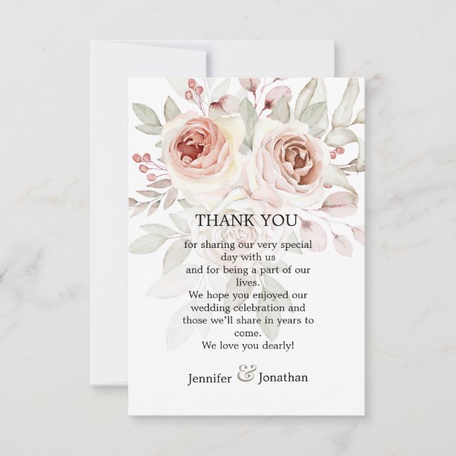 Romantische Pastel Watercolor Rose Hochzeit Vielen Dankeskarte (Vorderseite)