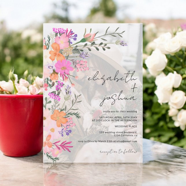 Romantische Pastell Wilde Blume Foto Hochzeit Einladung (Romantic pastel wild flowers photo wedding invitation)