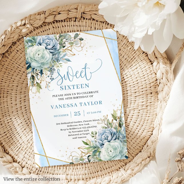 Romantische pastellblaue Pfannkuchen süß 16 Einlad Einladung (Romantic pastel blue peonies sweet 16 invitation

)
