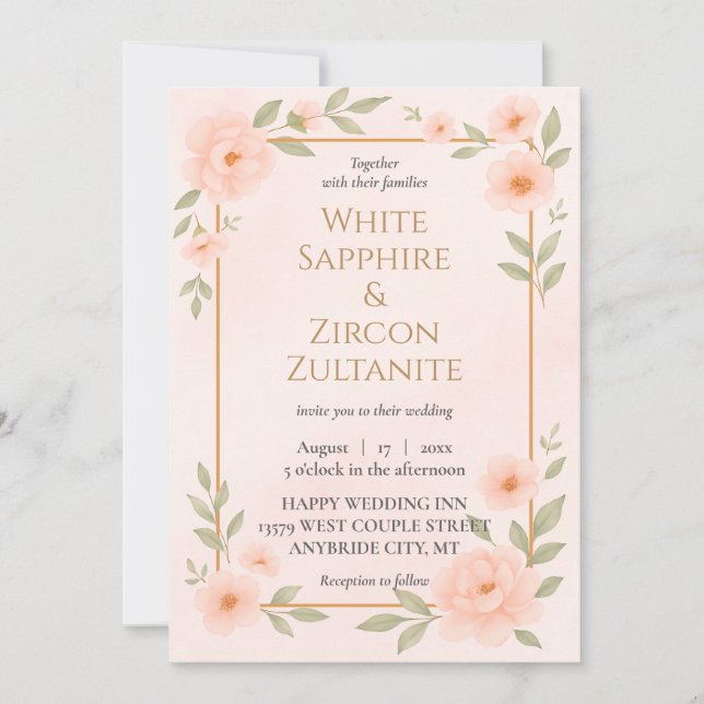 Romantische Peach floral Wedding Einladung (Vorderseite)