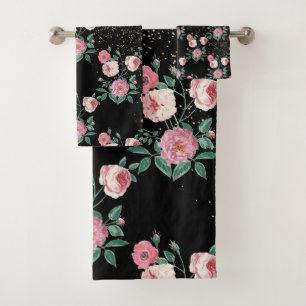 Romantische Peelingdesign mit Blumen und goldenen Badhandtuch Set