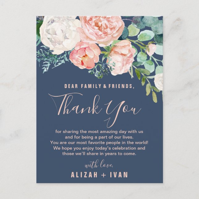 Romantische Peonies | Blue Dankeschön Empfang Card Postkarte (Vorderseite)