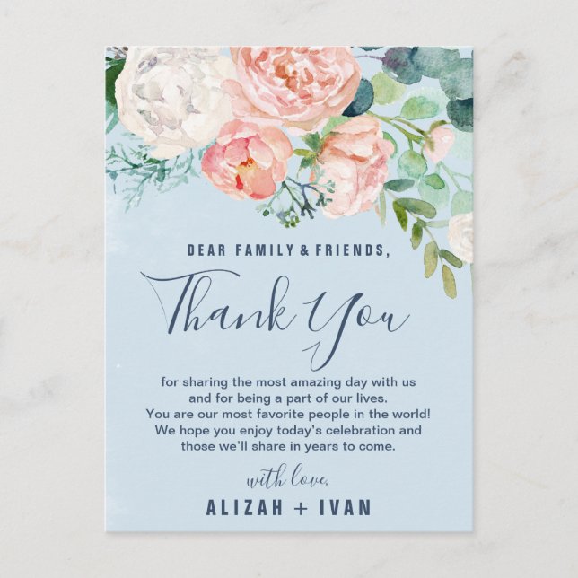Romantische Peonies Light Blue Danke Hochzeitkarte Postkarte (Vorderseite)