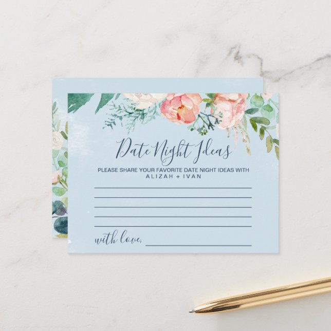 Romantische Peonies Light Blue Date Night Cards Postkarte (Vorderseite/Rückseite Beispiel)