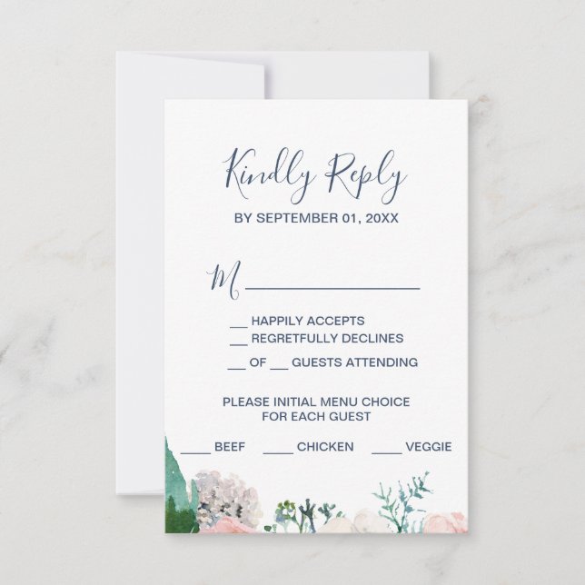 Romantische Peony Blume Blaues Menü Auswahl RSVP K (Vorderseite)