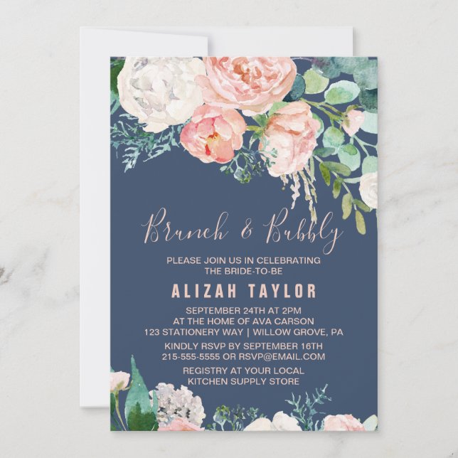 Romantische Peony-Blume | Blue Brunch & Bubbly Einladung (Vorderseite)