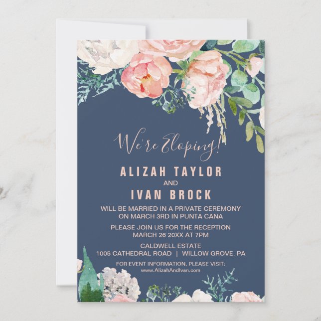 Romantische Peony-Blume | Blue Elopement Empfang Einladung (Vorderseite)