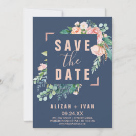 Romantische Peony-Blume | Blue Save the Date Card