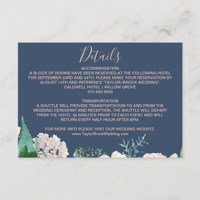 Romantische Peony-Blume | Blue Wedding Details Car Begleitkarte (Vorderseite)