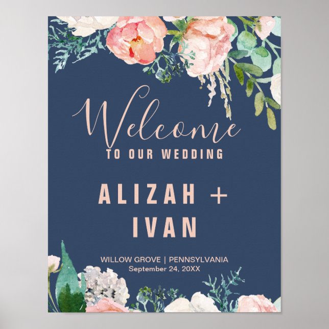 Romantische Peony-Blume | Blue Welcome Wedding Poster (Vorne)