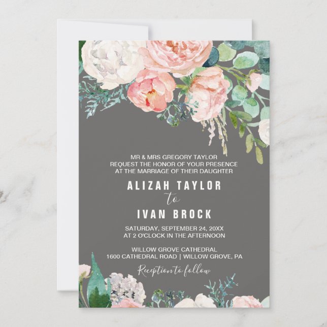 Romantische Peony-Blume | Grey Formal Wedding Einladung (Vorderseite)