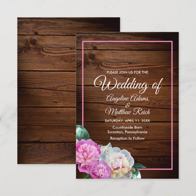 Romantische Peony Blume Holzfeierliche Hochzeit Einladung (Vorne/Hinten)