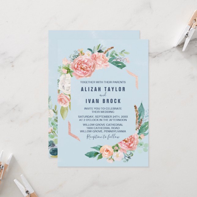 Romantische Peony-Blume | Light Blue Wedding Invit Einladung (Vorderseite/Rückseite Beispiel)