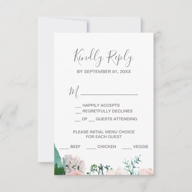 Romantische Peony Blume Menü Auswahl RSVP Karte (Vorderseite)