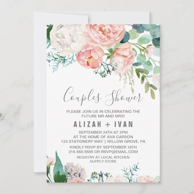 Romantische Peony Blume Paare Dusche Einladung (Vorderseite)