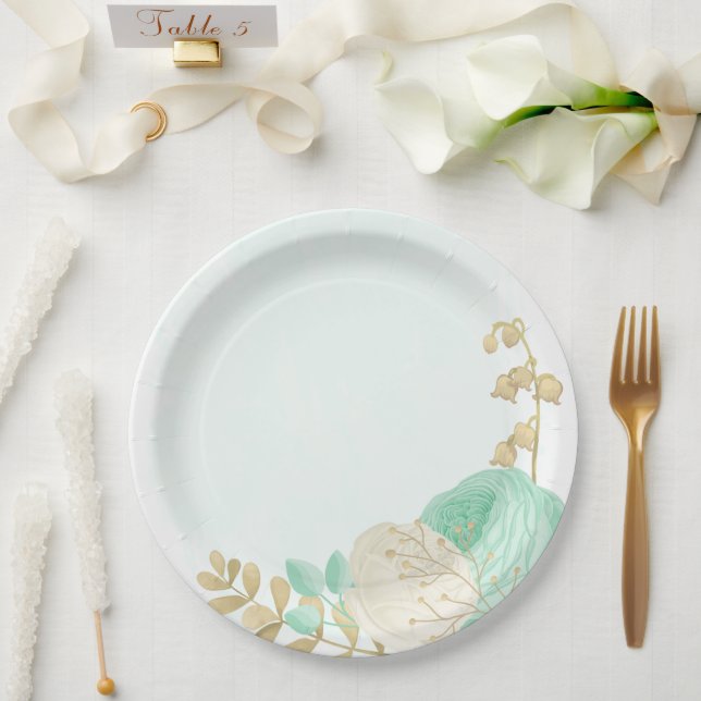 Romantische Pfefferminze, grün-weiße Blume Gold Pappteller (Hochzeit)
