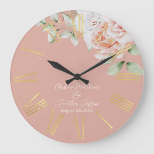 Romantische Pfirsich- und weiße Blumen Hochzeitsan Große Wanduhr