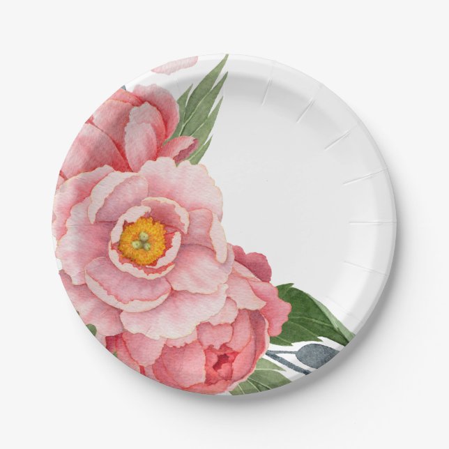 Romantische Pink-Aquarellbäume Blütenblumen Pappteller (Vorderseite)