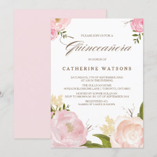 Romantische Pink-Aquarellfarben-Blume Quinceañera Einladung