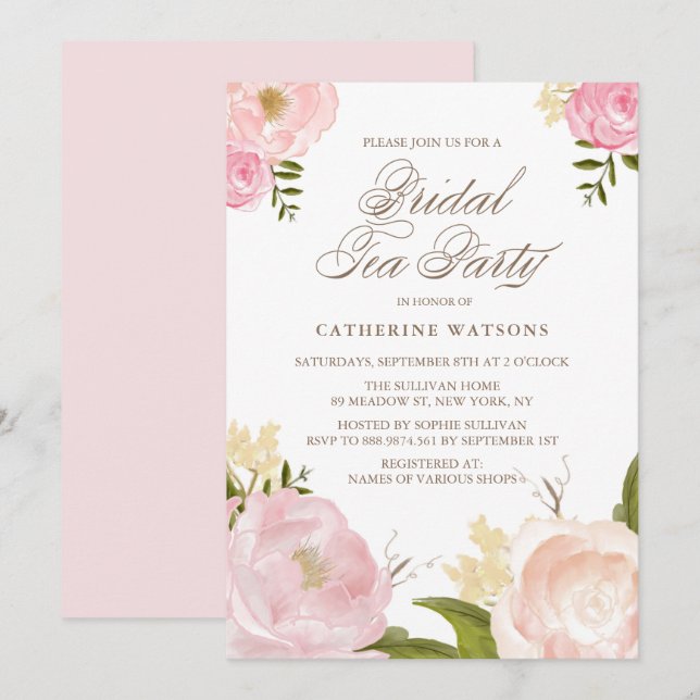 Romantische Pink Blume Bridal Teezeremonie Party Einladung (Vorne/Hinten)