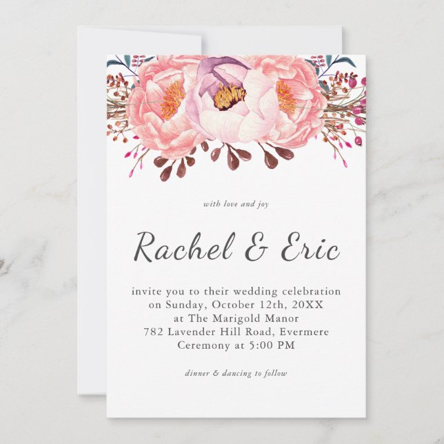Romantische Pink Blush Peony Floral Wedding Einladung (Vorderseite)