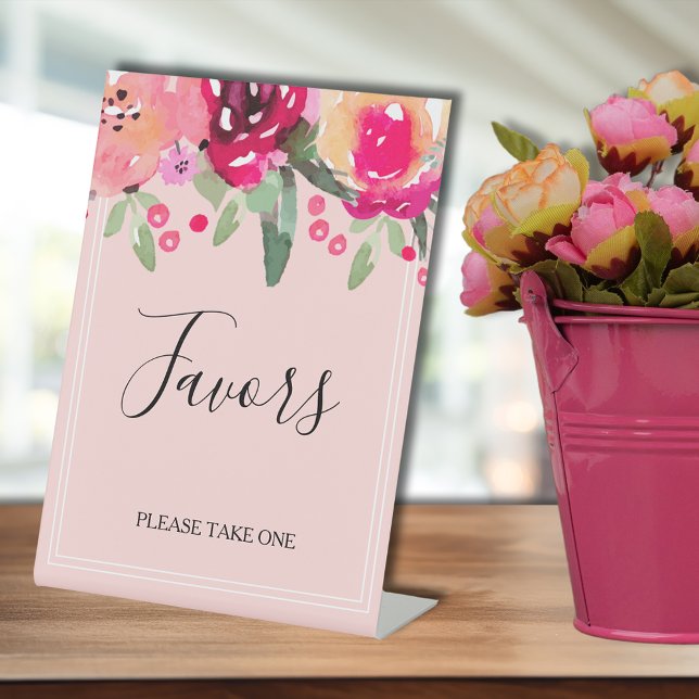 Romantische Pink-Brautparty-Favoriten Sockelschild (Romantic pink watercolor flowers bridal shower Favors tabletop pedestal sign)