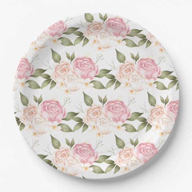 Romantische Pink-Floral-Aquarellschrift Hochzeit Pappteller (Vorderseite)