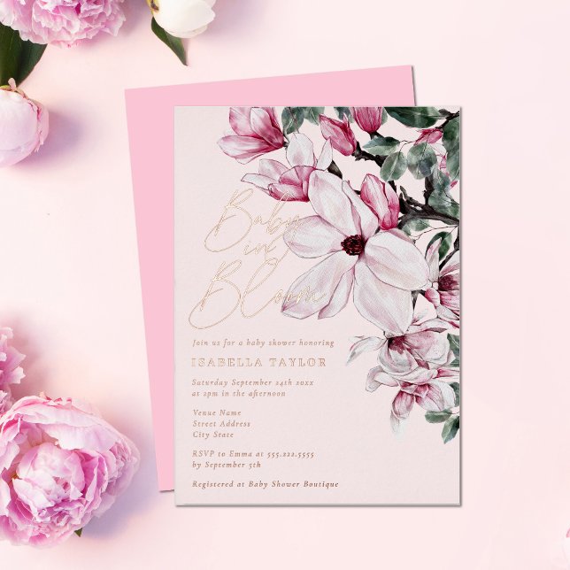 Romantische Pink Floral Girl Rose Gold Baby Dusche Folieneinladung (Von Creator hochgeladen)