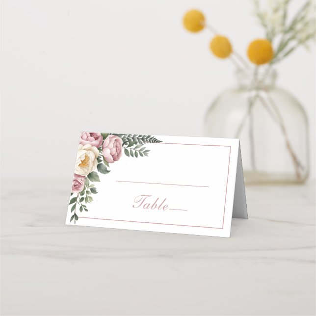 Romantische Pink Garden Peony & Rose Blumenzehen Platzkarte (Vorderseite)