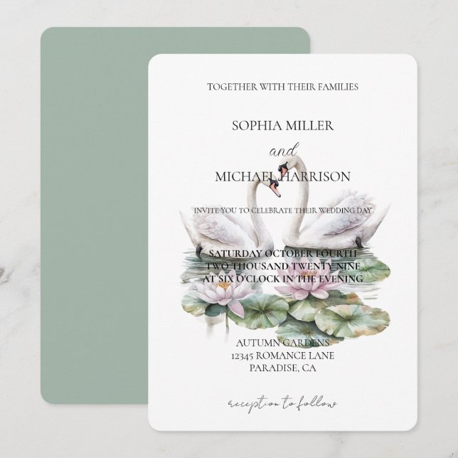Romantische Pink Lotus Floral Swans Hochzeit Einladung (Vorne/Hinten)