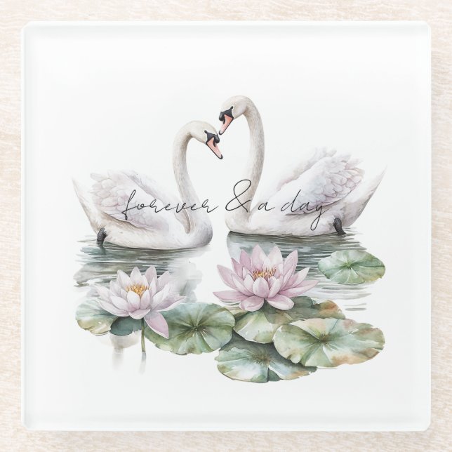 Romantische Pink Lotus Floral Swans Hochzeit Glasuntersetzer (Vorderseite)