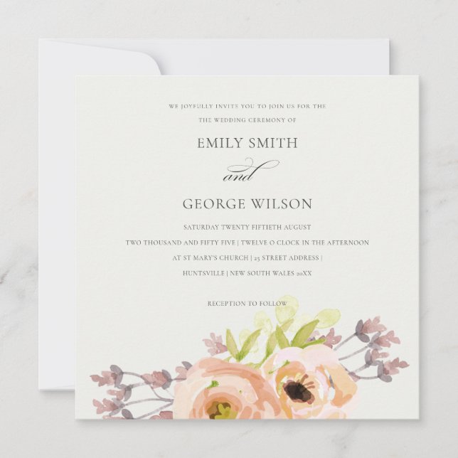 ROMANTISCHE PINK PEACH BLUSH OFF WHITE BLLORAL WED EINLADUNG (Vorderseite)