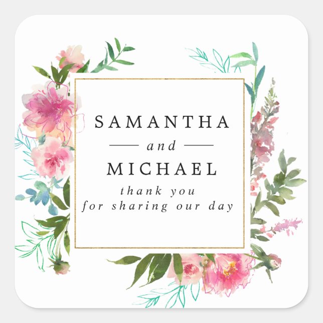 Romantische Pink Peony Floral DIY Hochzeit Vielen  Quadratischer Aufkleber (Vorderseite)
