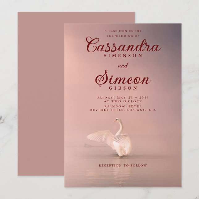 Romantische Pink-Swan-Hochzeit Einladung (Vorne/Hinten)