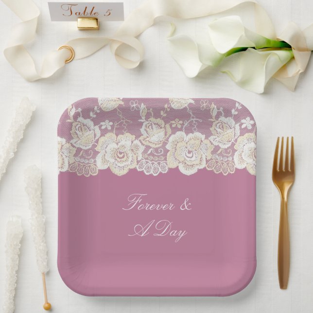 Romantische Pink White Lace Floral Wedding Pappteller (Hochzeit)