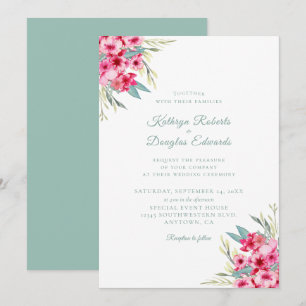Romantische pinkfarbene und Aquamarine Blumenhochz Einladung