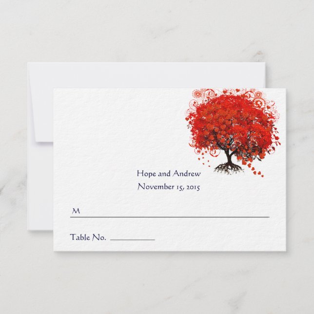 Romantische Platzkarte Rotes Herz Leaf Tree Hochze RSVP Karte (Vorderseite)