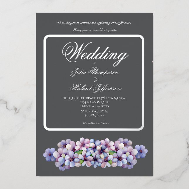 Romantische Poetic Lilac Hochzeit der Flora Folieneinladung (Vorderseite)